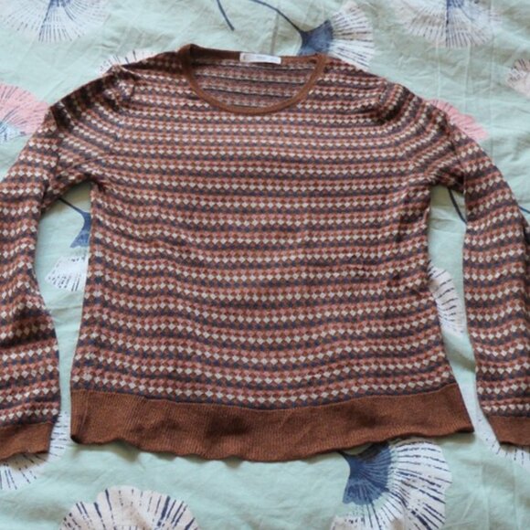 Brown thin sweater, with geometric pattern and metallic yarn. MNG, Size XS - Picture 6 of 9